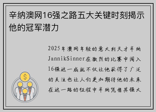 辛纳澳网16强之路五大关键时刻揭示他的冠军潜力