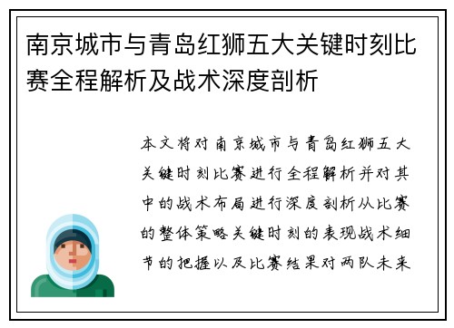 南京城市与青岛红狮五大关键时刻比赛全程解析及战术深度剖析